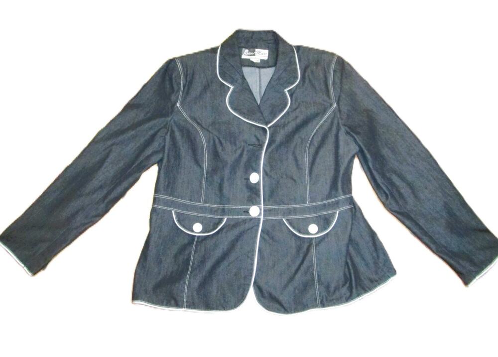 Ben Marc International Vintage Y2K Black Denim Blazer Women's Size 16 White Trim